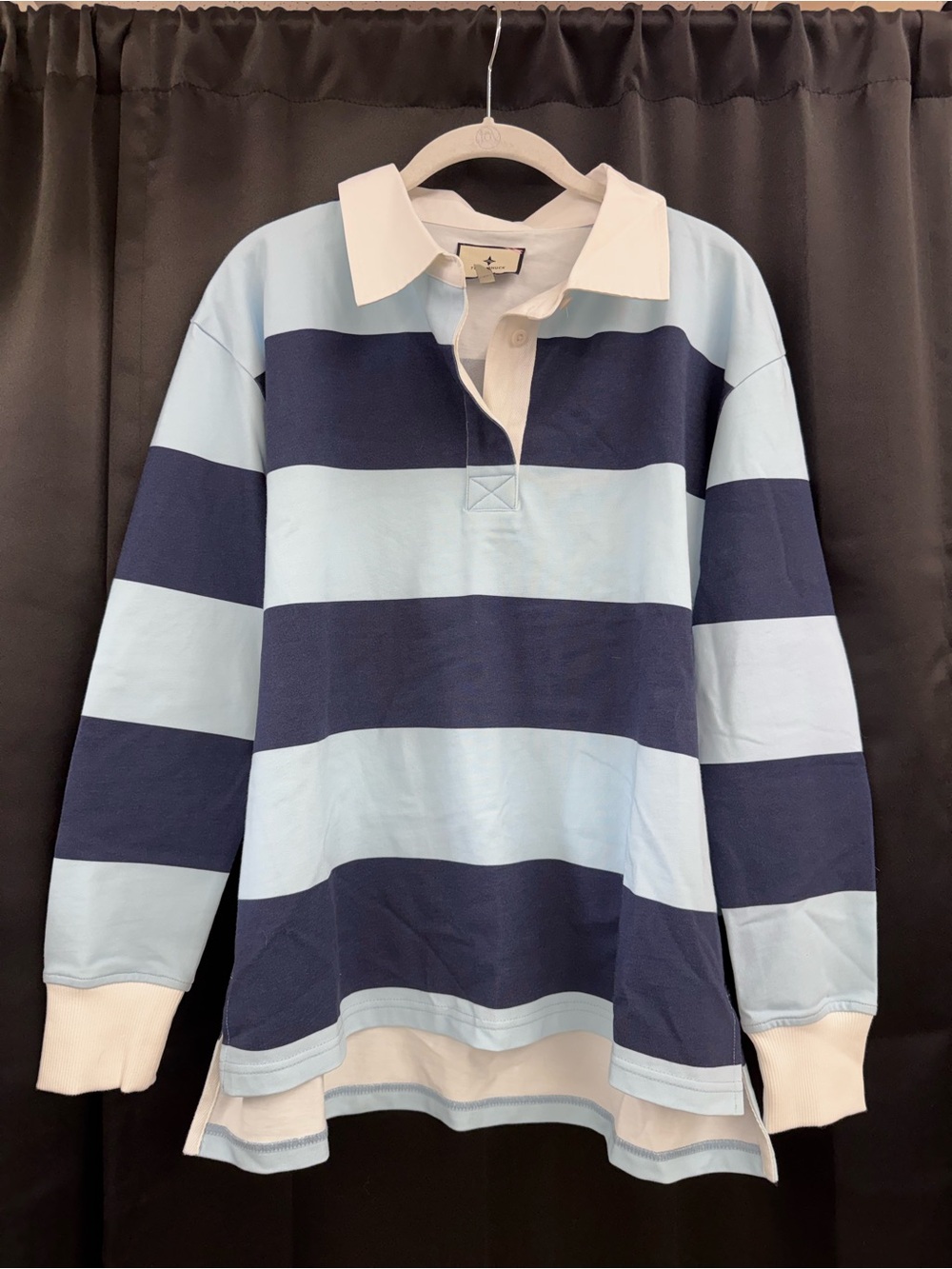 Tuckernuck Navy and Light Blue Striped Rugby Shirt with White Collar